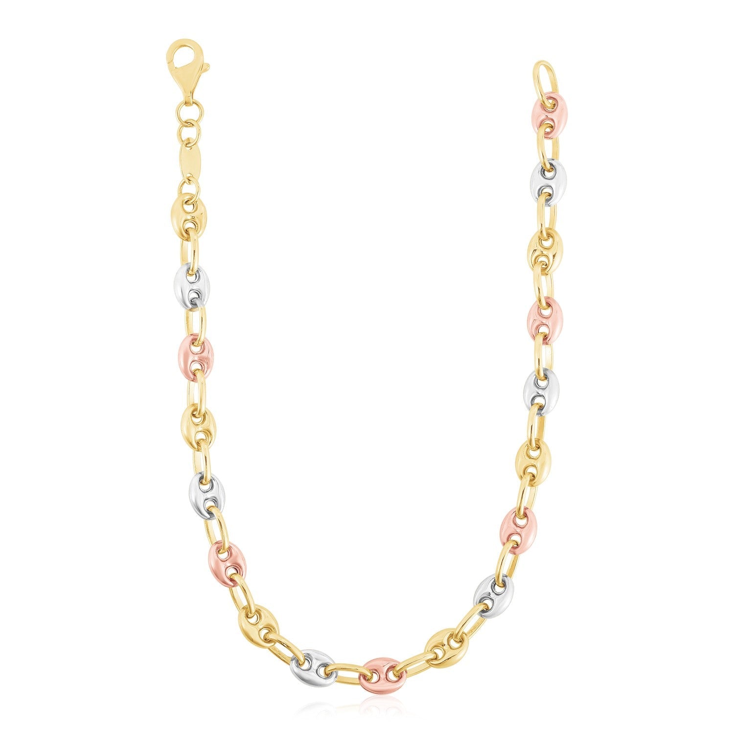 14K Tri Color Gold High Polish Puffed Mariner Link Chain