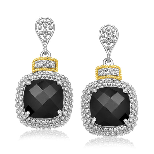 18K Yellow Gold & Sterling Silver Black Onyx & Diamond Earrings (.05Cttw)