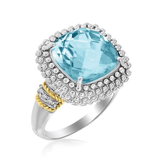 18K Yellow Gold & Sterling Silver Sky Blue Topaz And Diamond Popcorn Ring